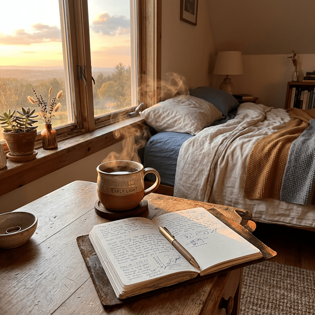 Open journal with handwritten notes and pen beside steaming coffee mug on wooden table by a window