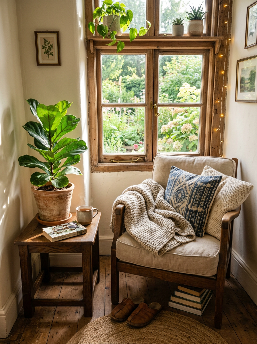 Cozy armchair with pillows and blanket near window with garden view, wooden side table with plant, book, glasses, and coffee cup.