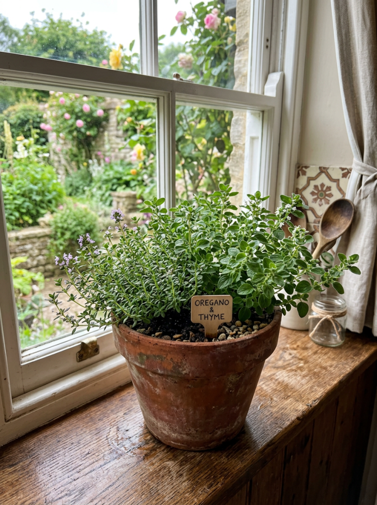 Terracotta pot with oregano and thyme plants on wooden windowsill by kitchen window