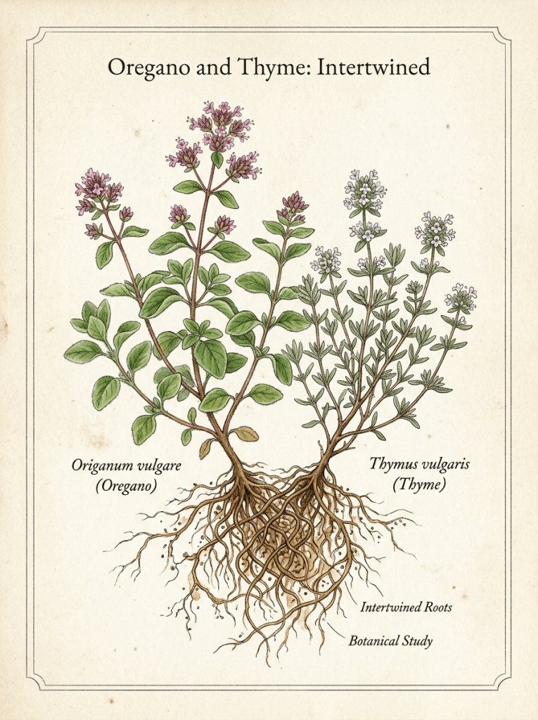 Botanical illustration of oregano and thyme with their intertwined roots