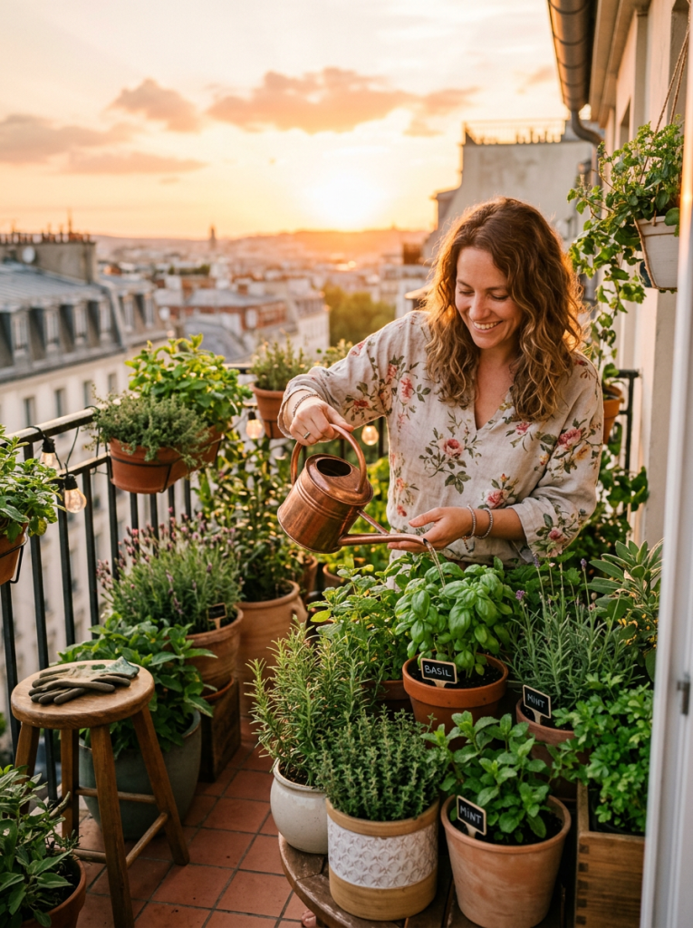 Woman watering basil and mint plants on balcony garden at sunset