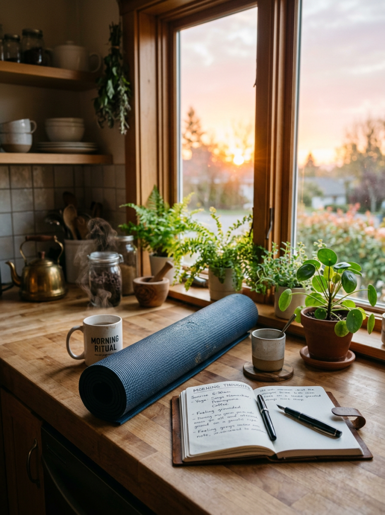 Yoga mat, journal with pens, steaming mug labeled 'Morning Ritual', and houseplants on wooden kitchen counter by window at sunrise