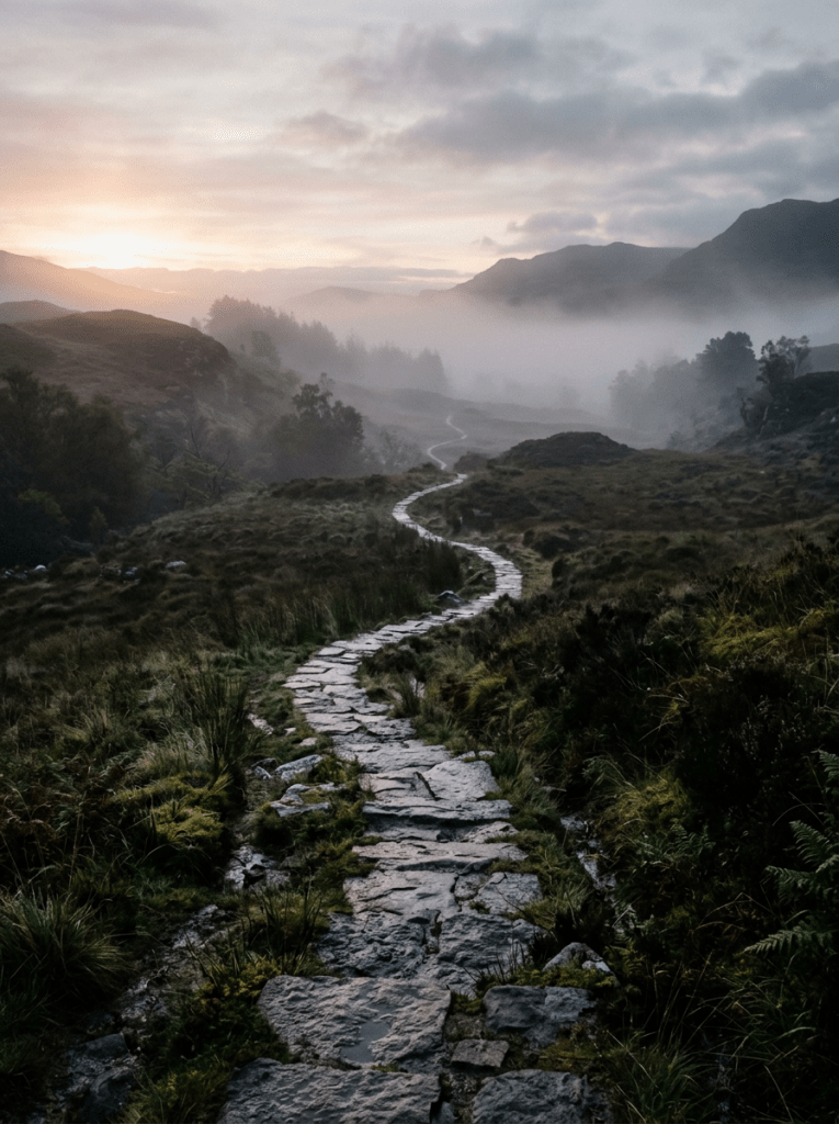 Winding stone path through grassy, misty hills under a cloudy sky at dawn