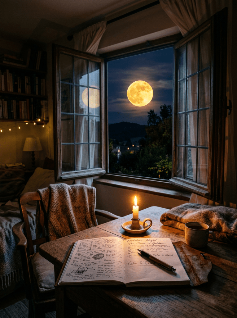 Open journal and lit candle on wooden table by open window with full moon outside at night