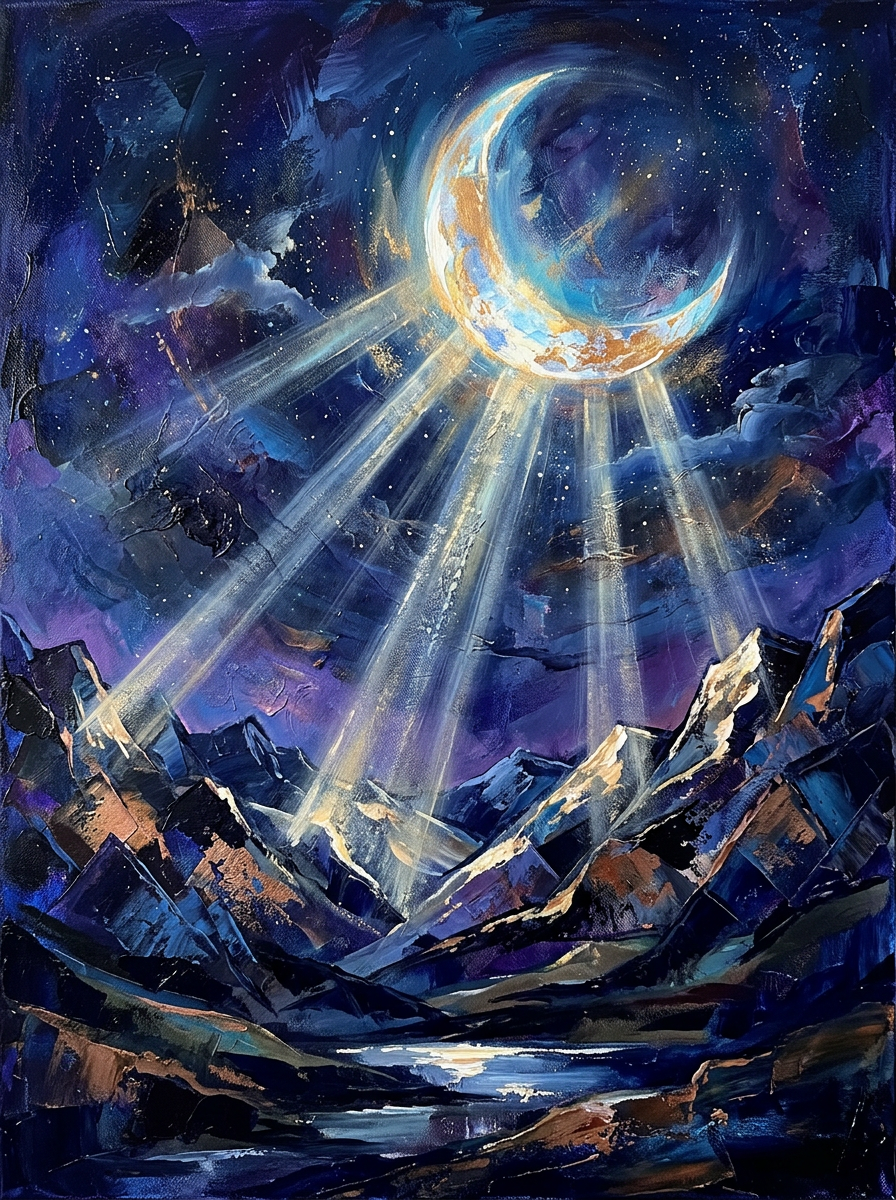 Crescent moon emitting beams of light over mountains at night