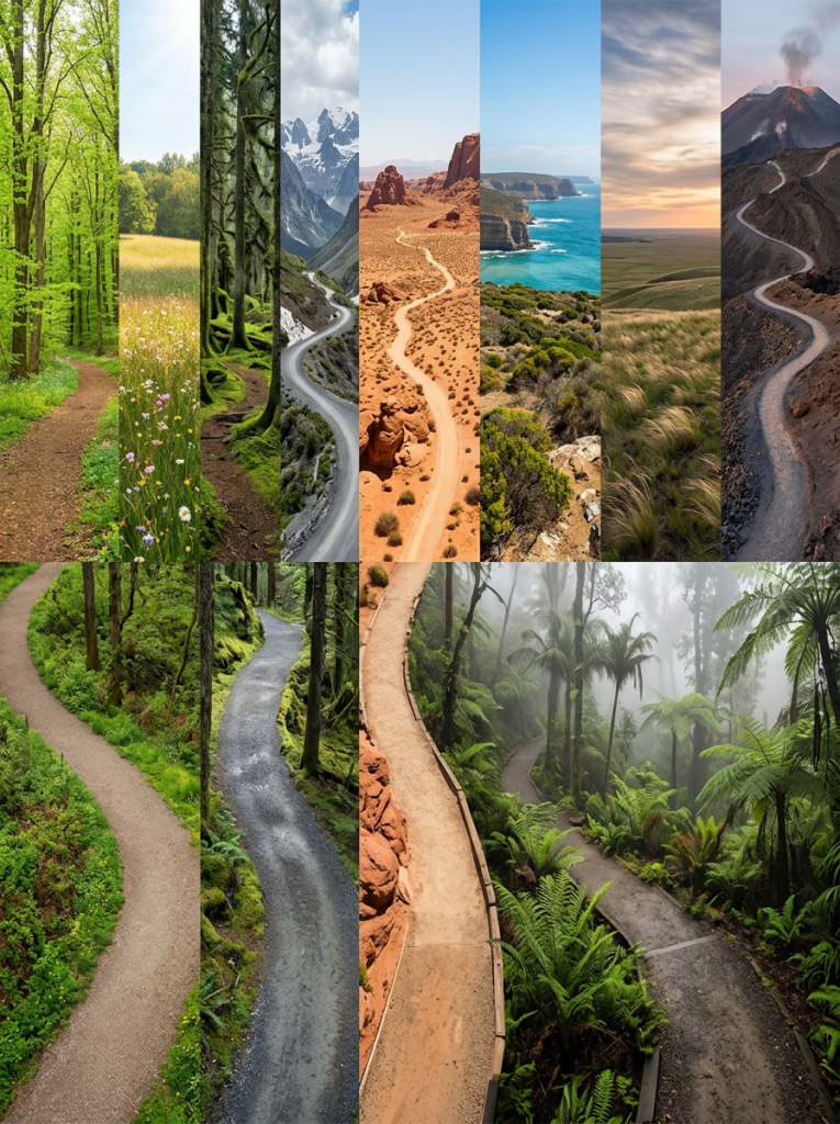 Paths and roads winding through multiple landscapes including forests, fields, mountains, desert, coastline, grasslands, and volcanic terrain.