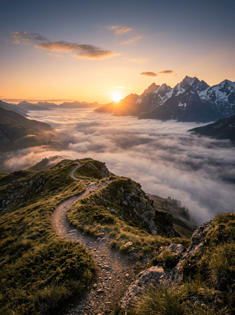 Winding mountain trail with sunrise above foggy valley and snow-capped peaks