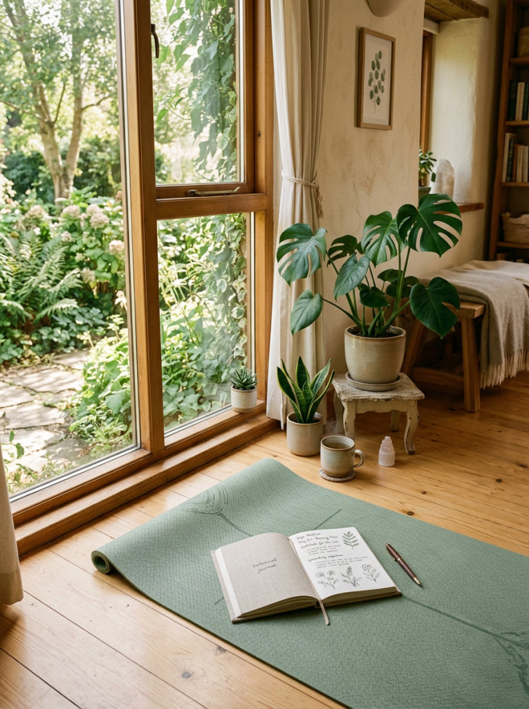 Sunlit indoor corner with potted plants, an open journal, a pen, a mug, and a green yoga mat on a wooden floor