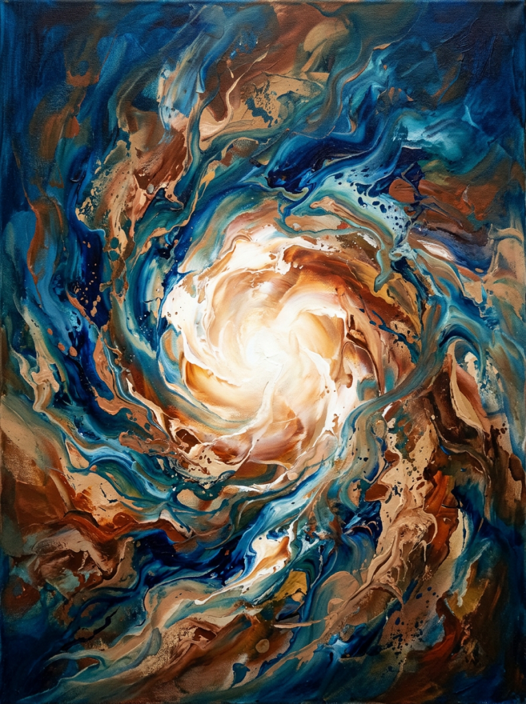 Abstract painting with swirling patterns of blue, brown, and white creating a vortex effect