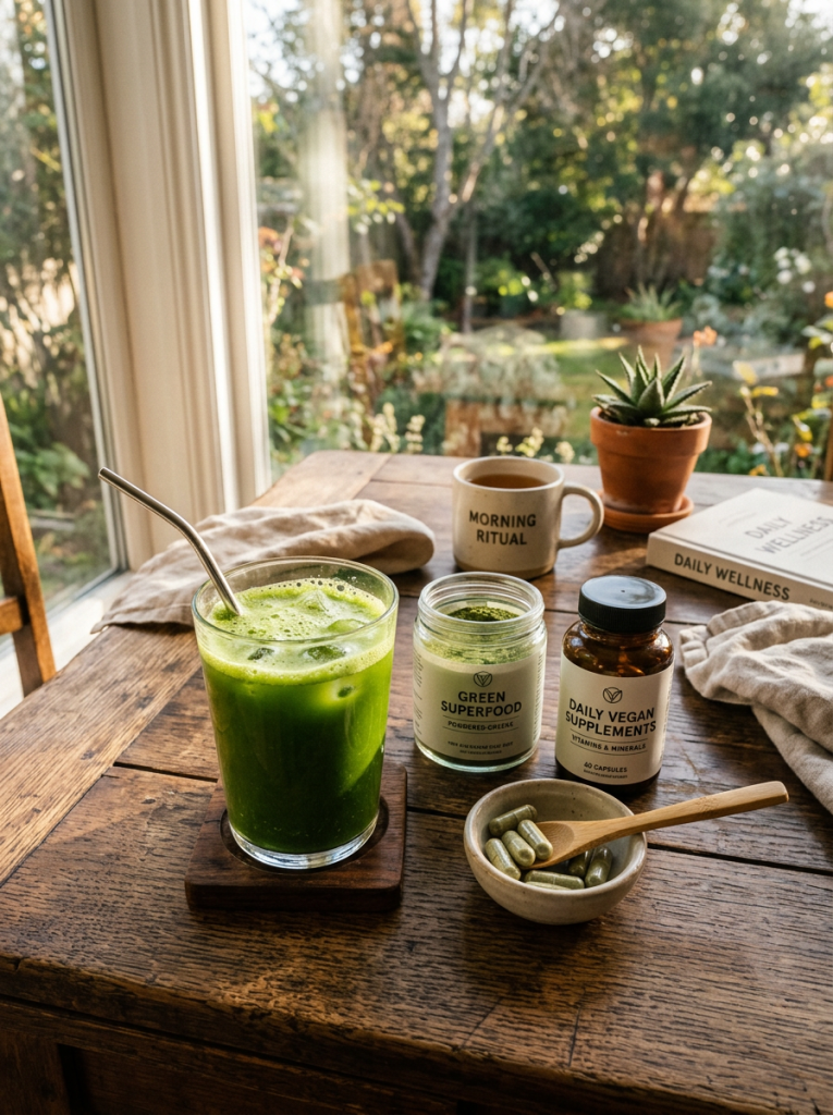 Green juice, green superfood powder, daily vegan supplements, and a coffee mug labeled Morning Ritual on a wooden table