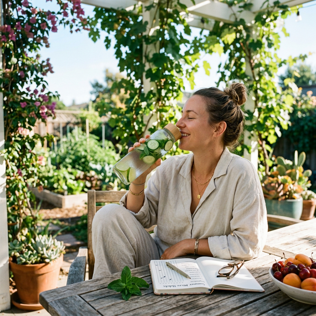 Woman drinking cucumber-infused water sitting at wooden table with open journal and fruit bowl