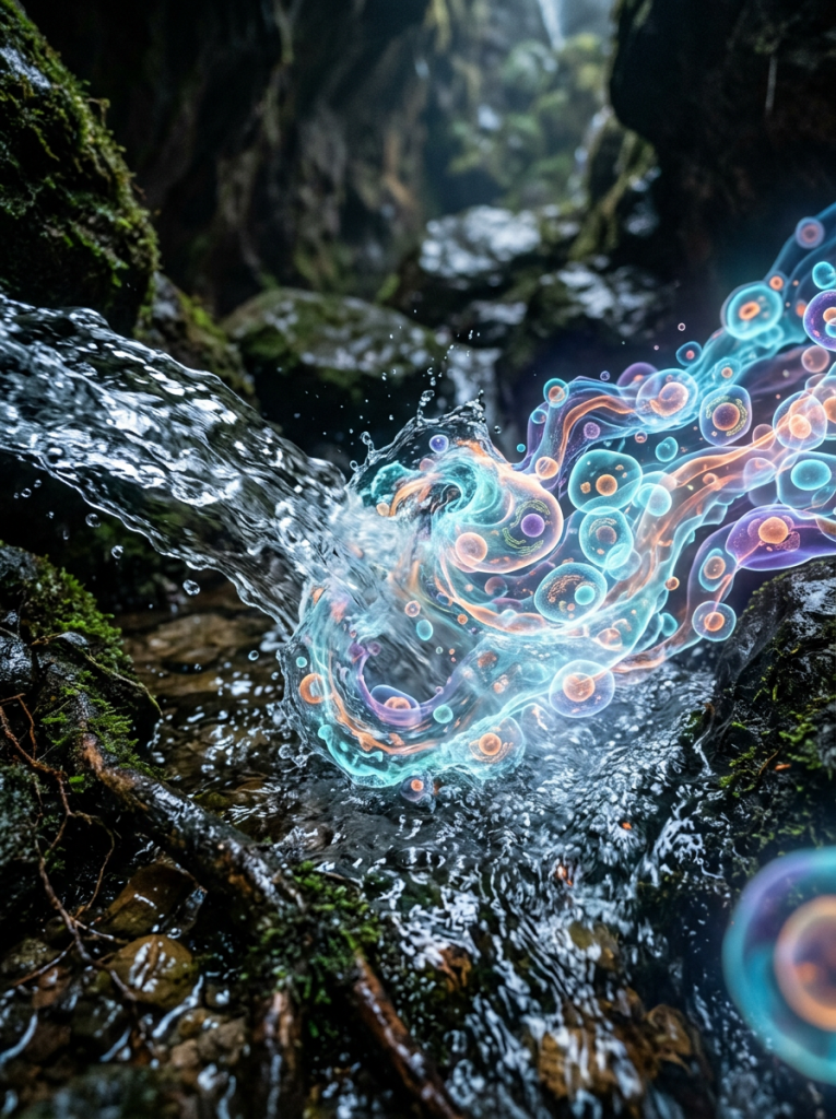 Stream water flowing over mossy rocks mixed with colorful, glowing molecular shapes