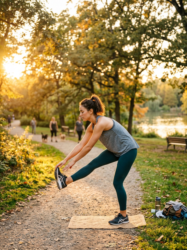 Woman stretching one leg forward on a yoga mat in a park at sunrise
