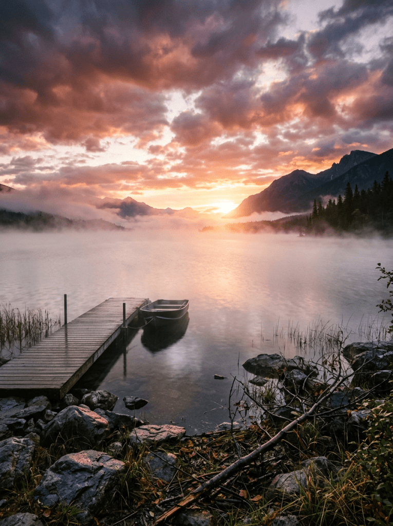 Sunrise over a misty mountain lake with a wooden dock and a boat tied to it