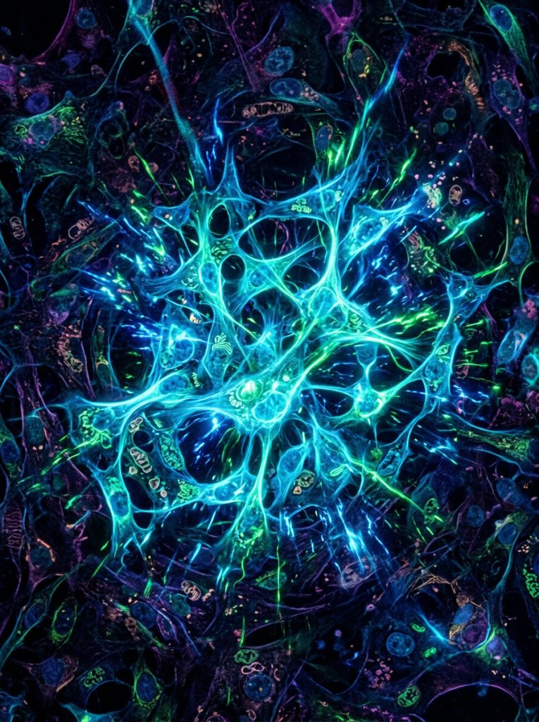 Glowing fluorescent neural cells interconnected forming a complex network