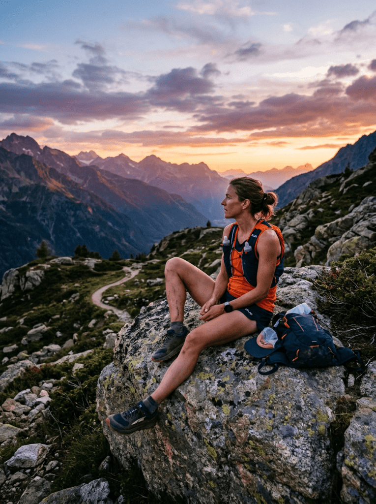 Trail runner sitting on a rock during sunset in mountainous terrain