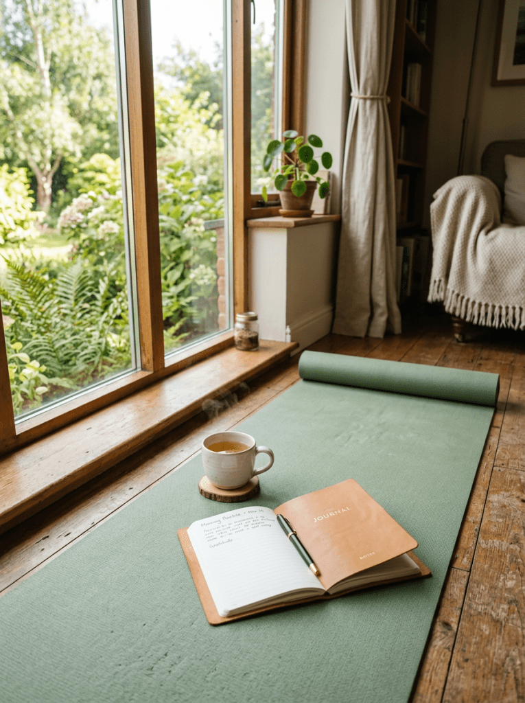 Open journal with pen and steaming cup of tea on green yoga mat next to large window