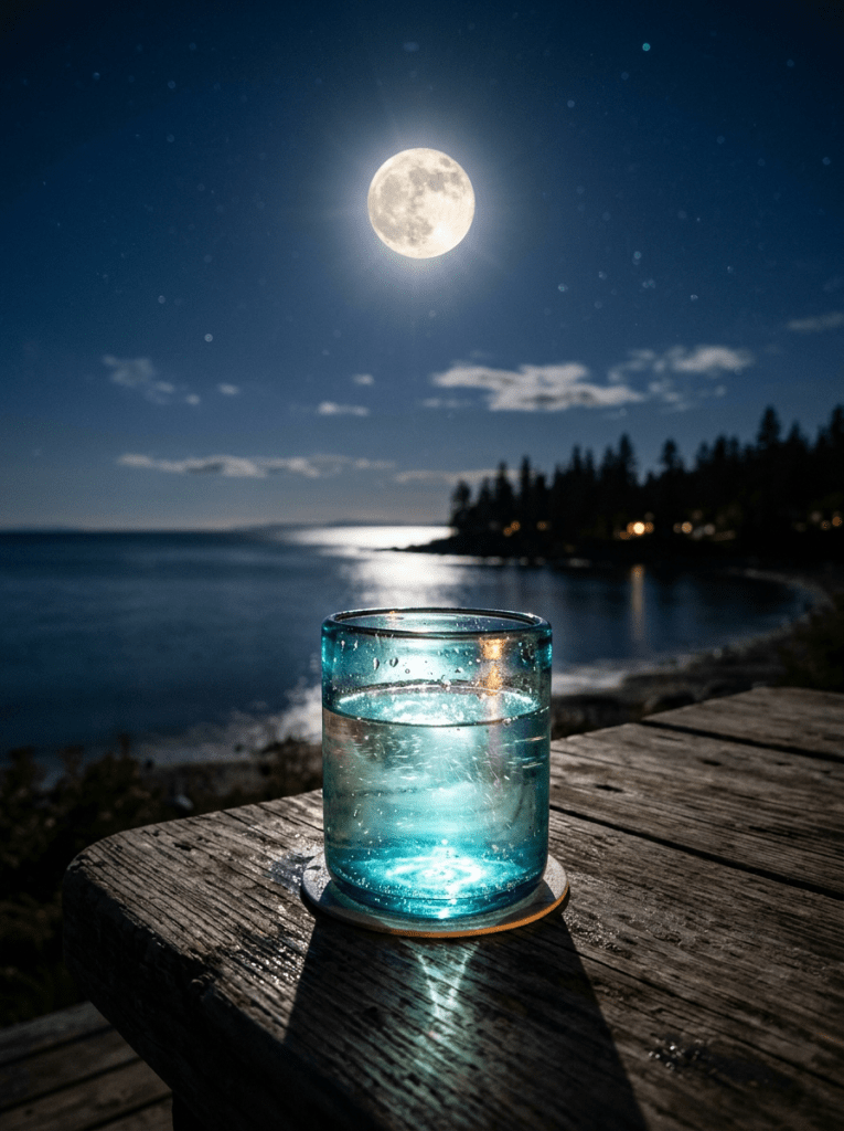 Glass of water on wooden table with full moon over coastal water at night