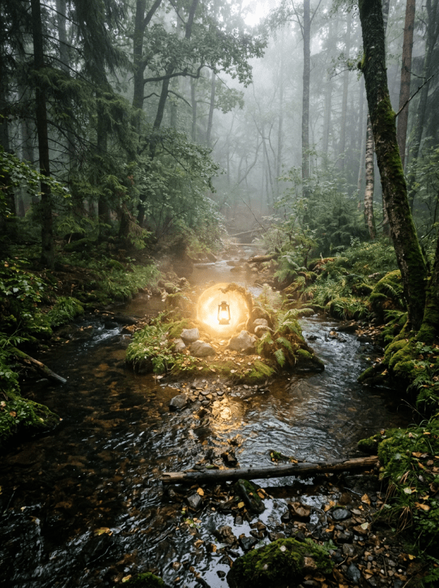 Lantern glowing brightly on mossy rocks in a foggy forest stream
