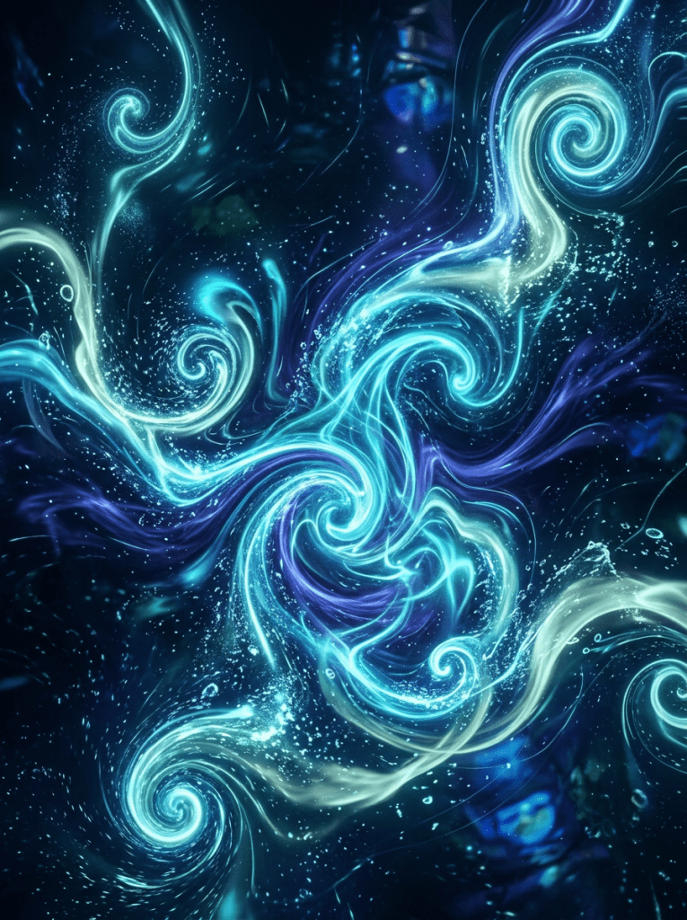 Glowing blue and green swirling fluid-like patterns on a dark background.