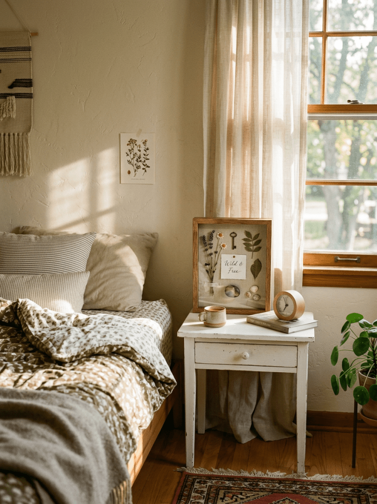 Sunlit bedroom corner with a bed, bedside table holding framed art, a clock, a cup of coffee, and a plant near a window