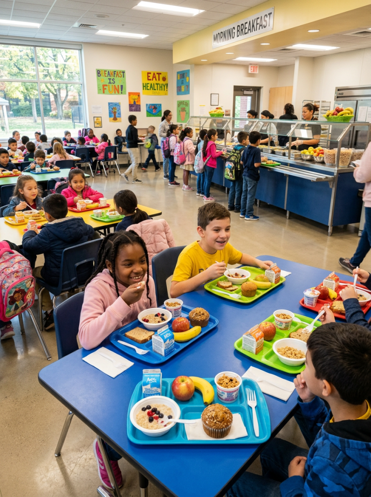 Children eating breakfast together in a school cafeteria with healthy food trays