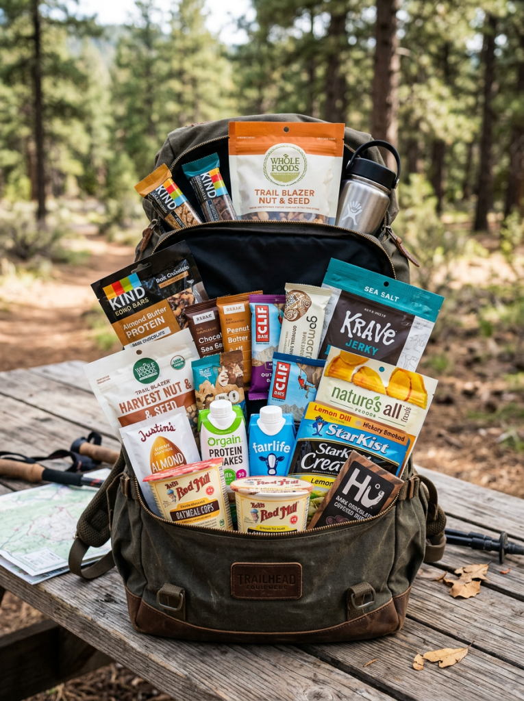 Backpack containing various health-focused snack bars, protein drinks, nuts, jerky, and oatmeal cups