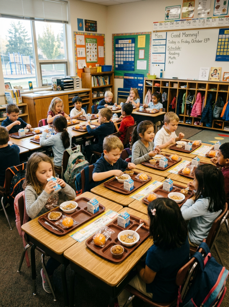 Elementary school children eating breakfast with milk cartons, cereal, muffins, and oranges in a classroom