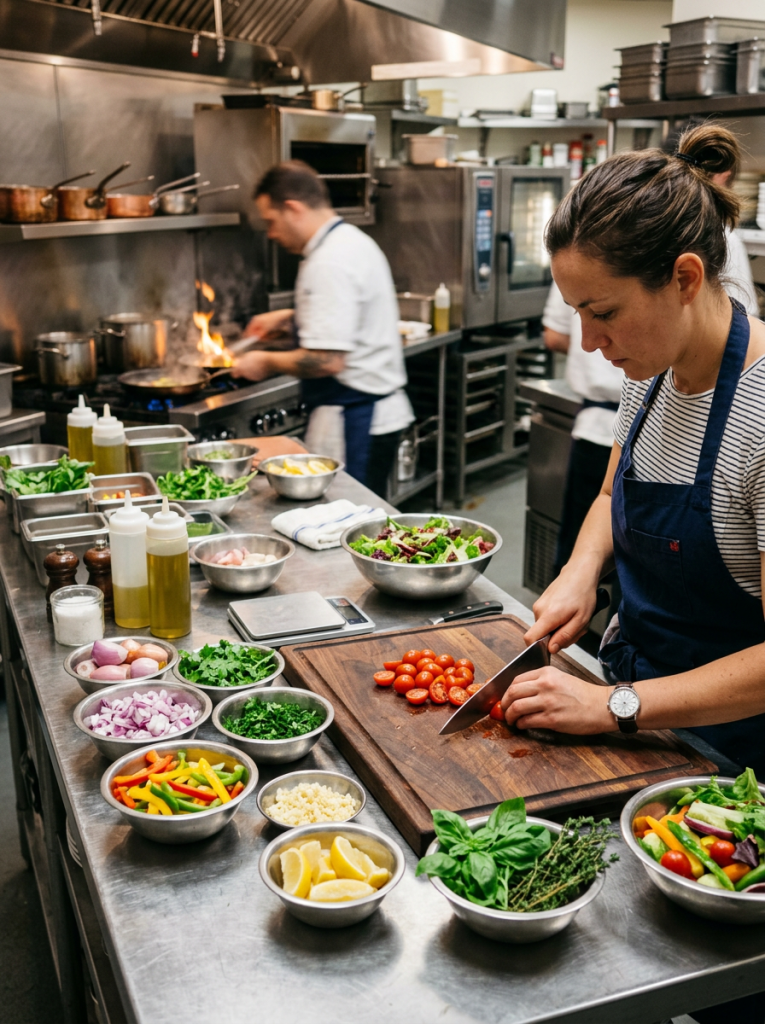 Chef slicing cherry tomatoes on cutting board with various fresh ingredients on counter