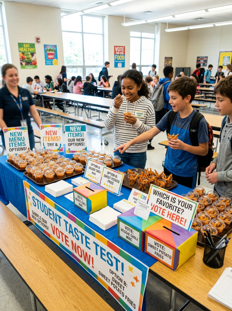 Students tasting and voting on new school menu items at a cafeteria table