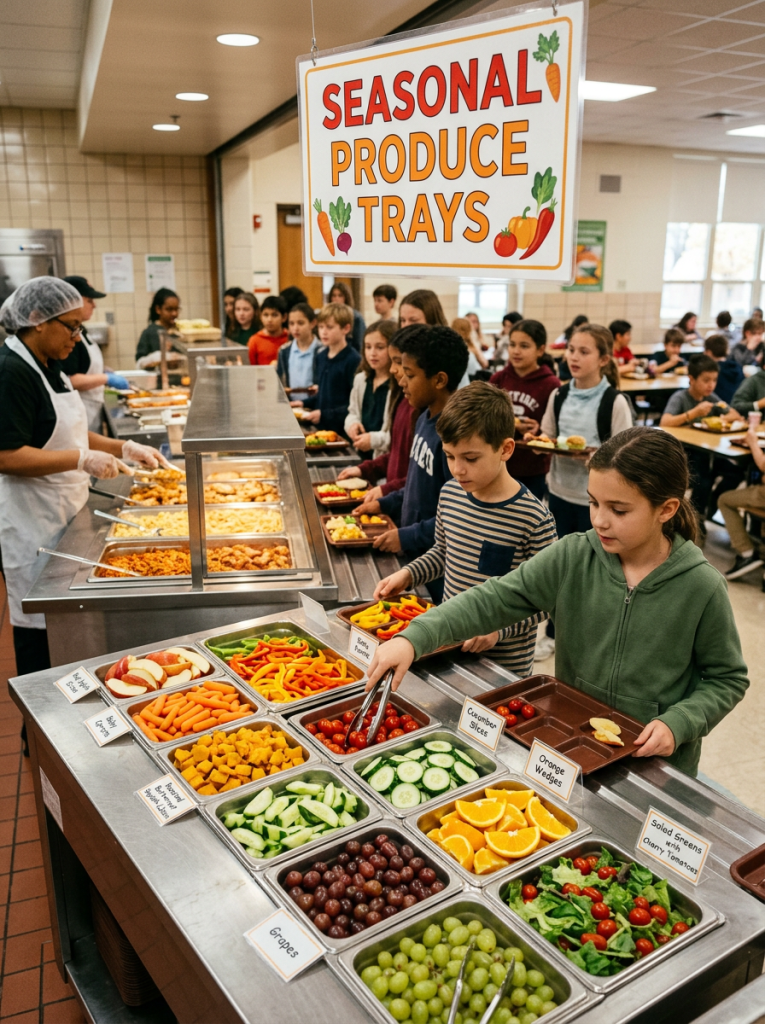 Children serving themselves seasonal fresh fruits and vegetables in school lunch line