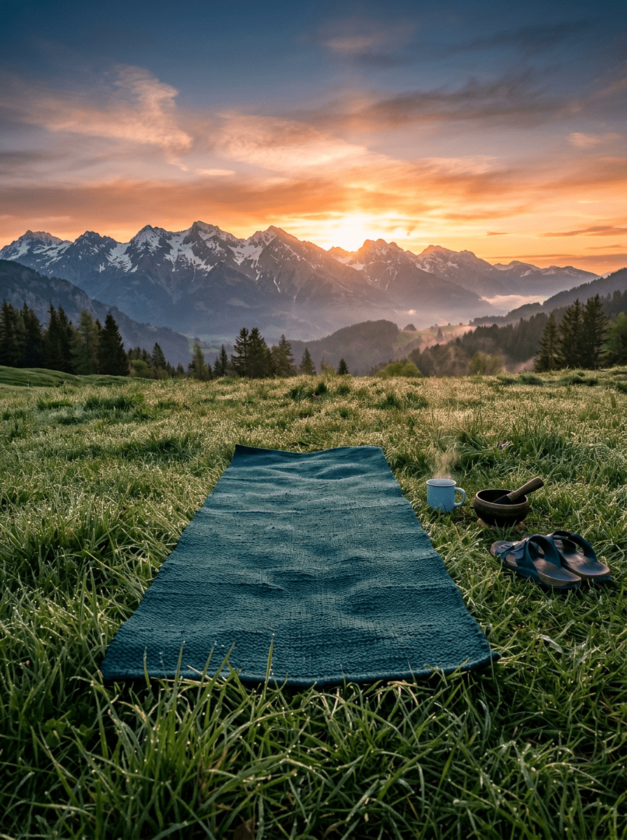 Meditation mat, cup, sandals, and bowl on grassy field with mountain sunrise