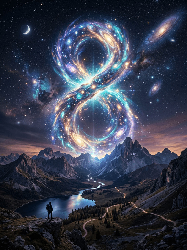 A glowing infinity-shaped galaxy in a starry night sky over a mountain valley with a river and a person standing on a rock.