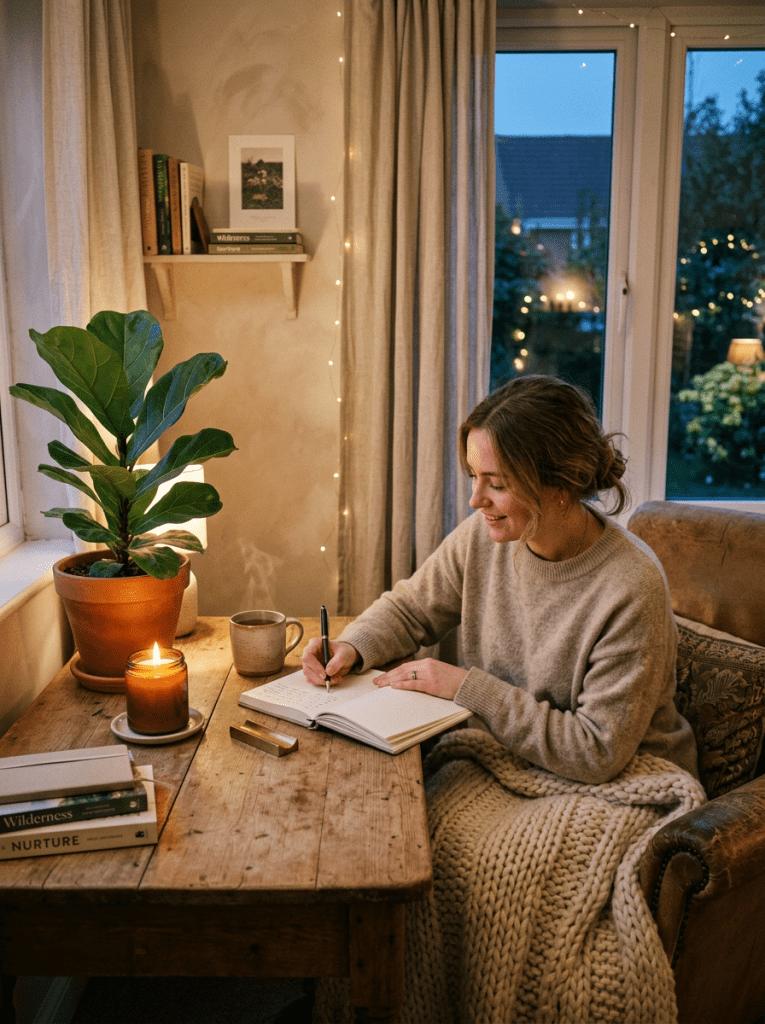 Woman writing in a journal beside a candle, plant, and window