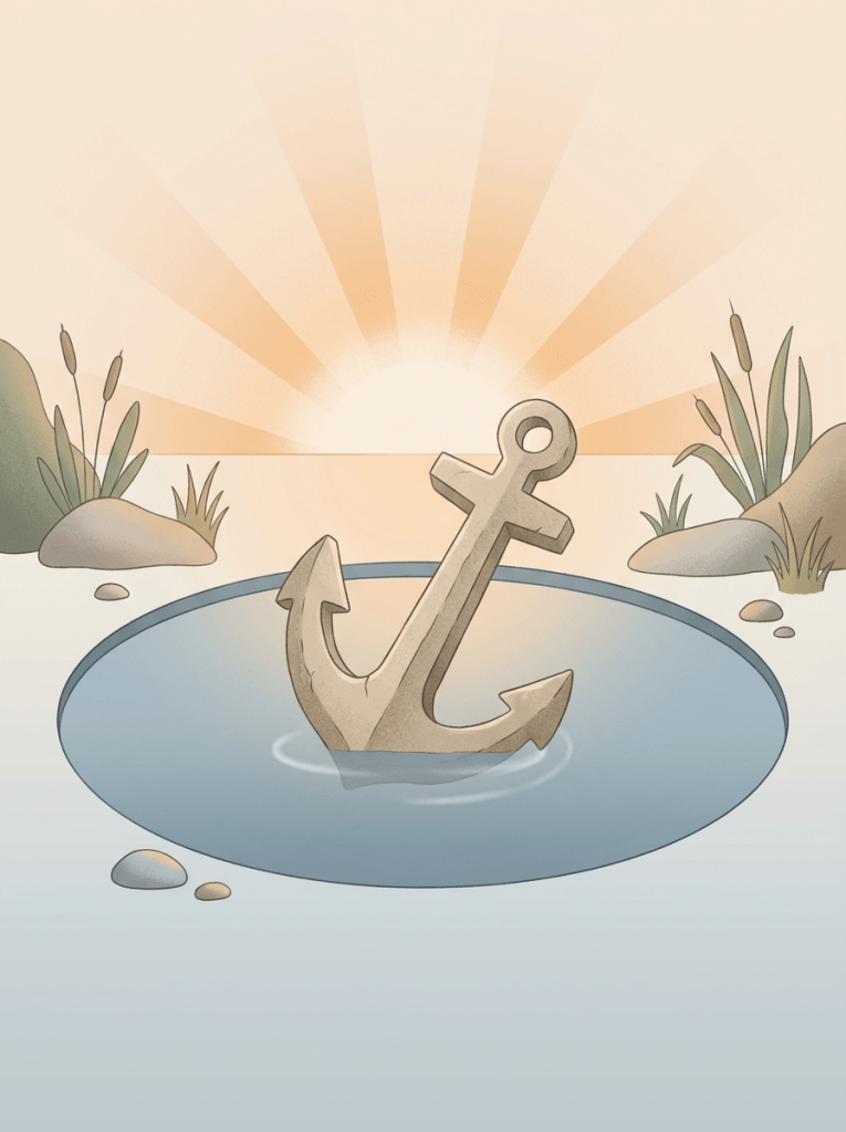 Anchor partially submerged in a pond beneath a rising sun