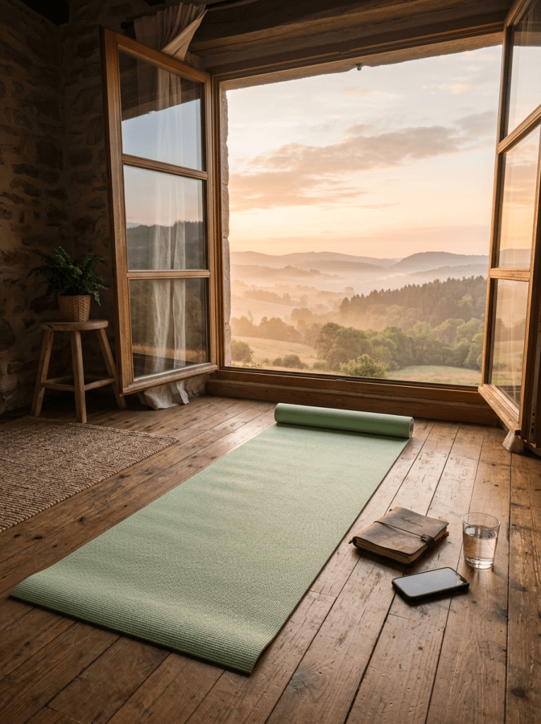 Yoga mat beside journal and water glass overlooking a misty mountain valley