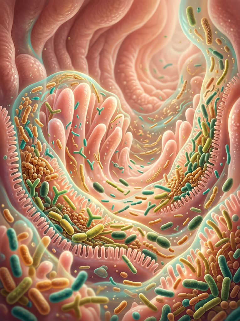 Colorful bacteria surrounding folded intestinal tissue and microscopic villi