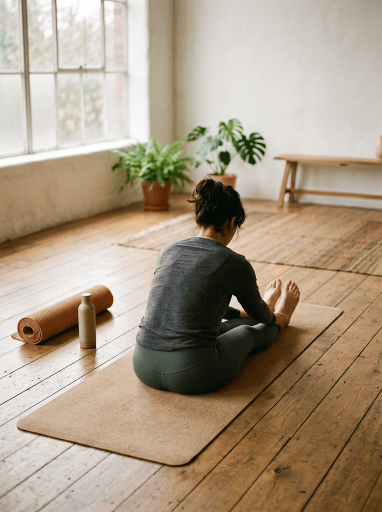 Woman stretching forward on a yoga mat in a bright room