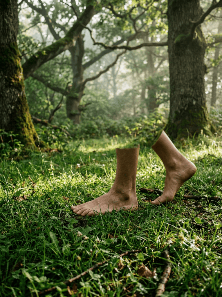 Bare feet walking through grass in a sunlit forest