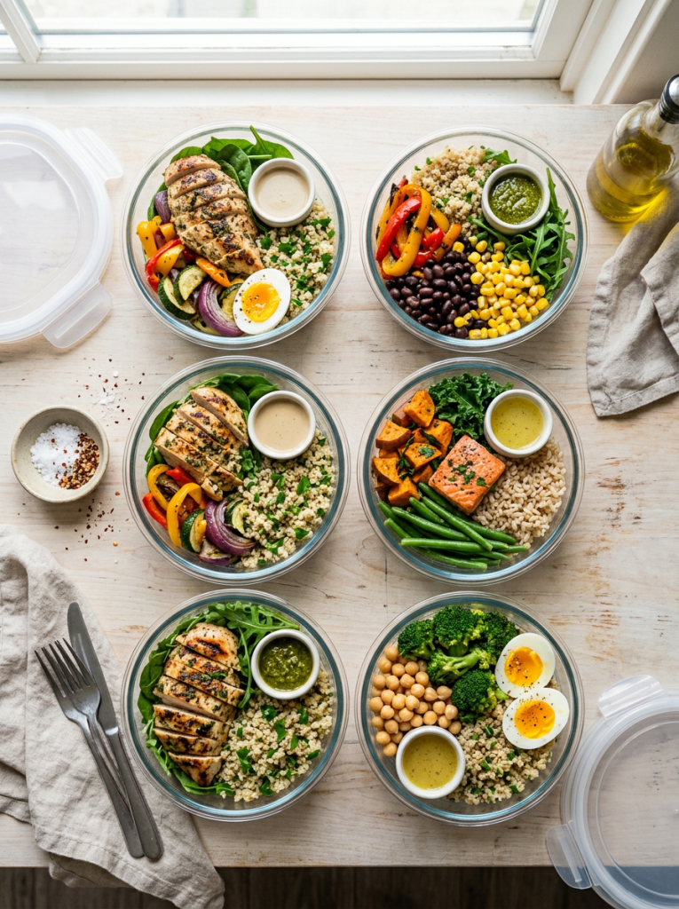 Six meal-prep bowls with grains, proteins, vegetables, eggs, and dressings