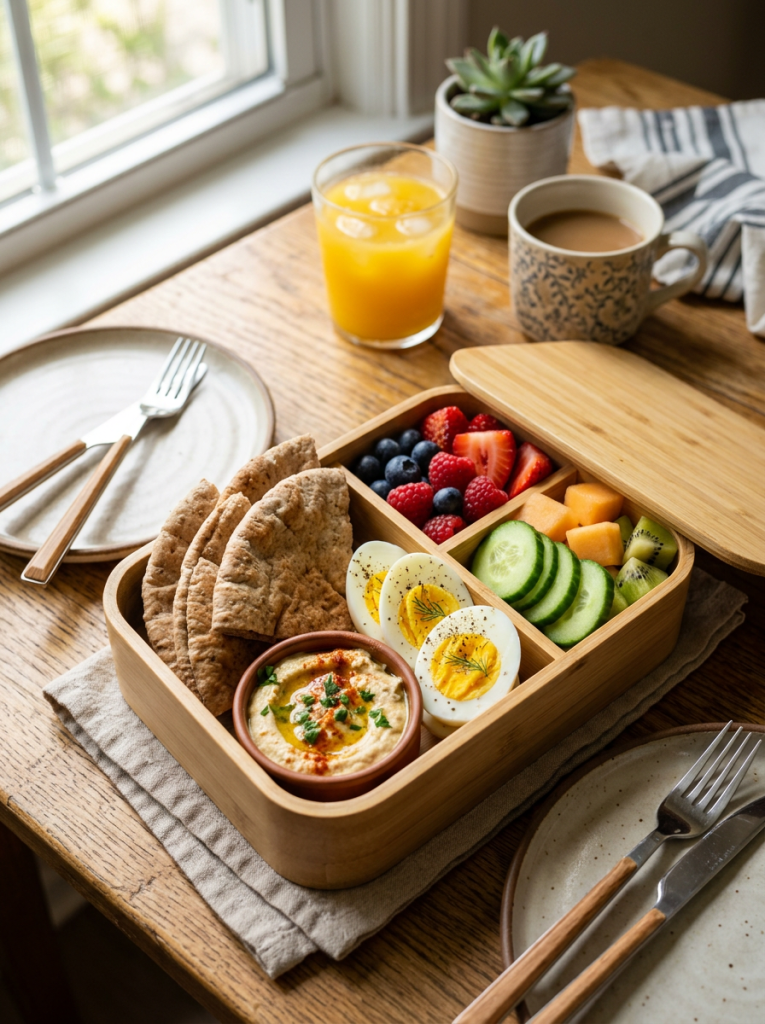 Bento breakfast with pita, hummus, eggs, fruit, vegetables, juice, and coffee