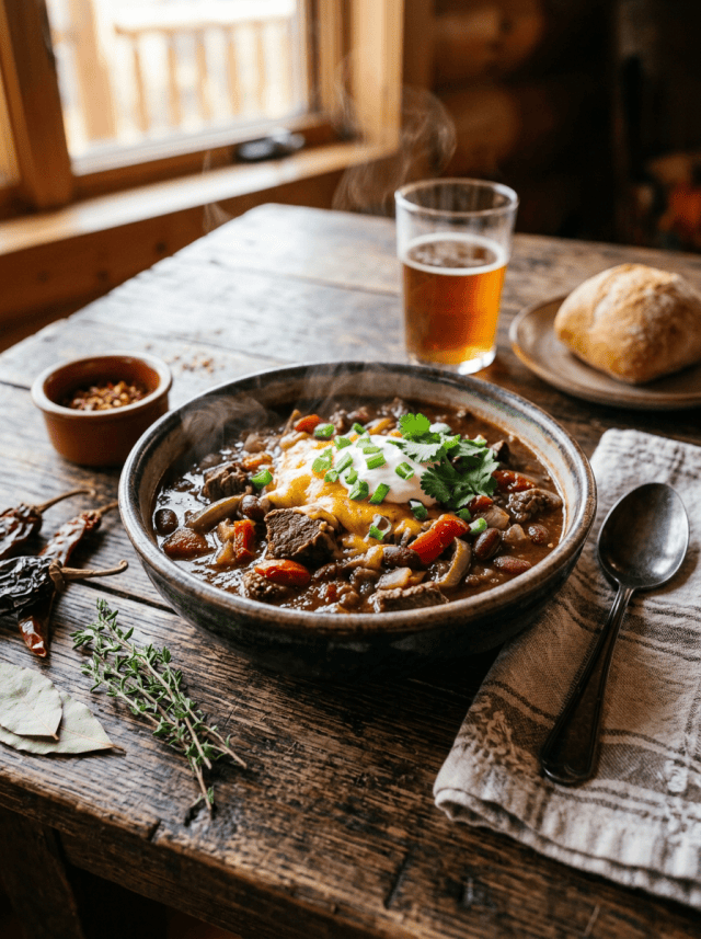 Steaming bowl of chili topped with cheese and herbs beside bread and beer