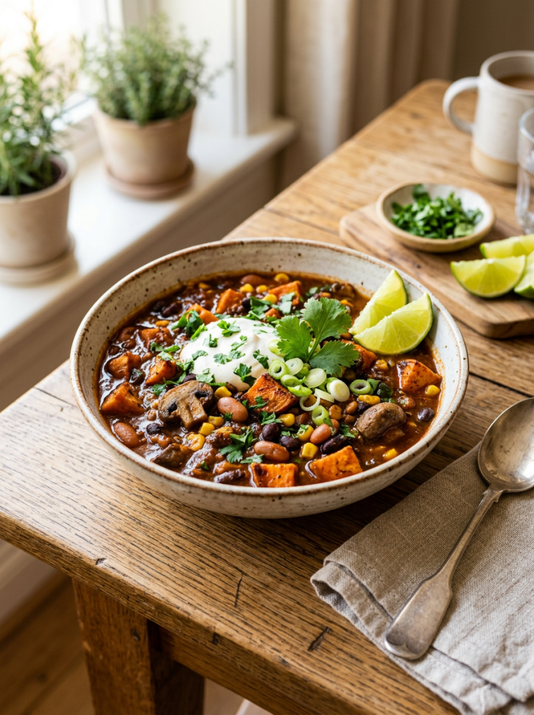 Bowl of vegetarian chili topped with herbs, sour cream, and lime wedges