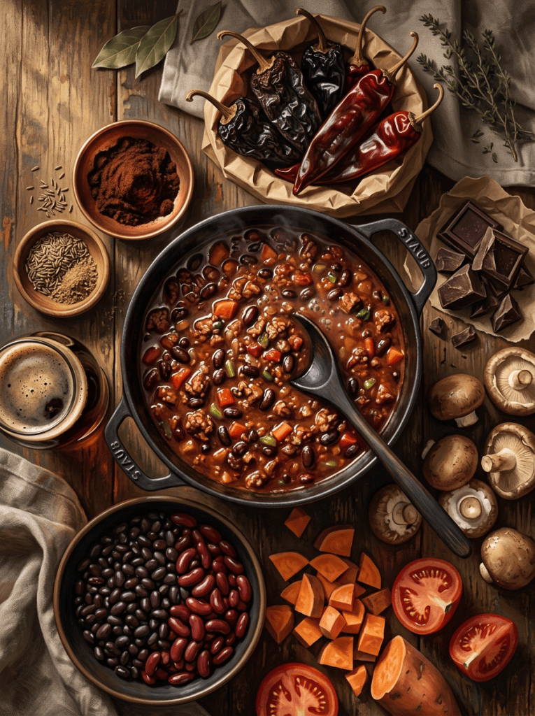 Overhead view of chili surrounded by beans, peppers, spices, mushrooms, and vegetables