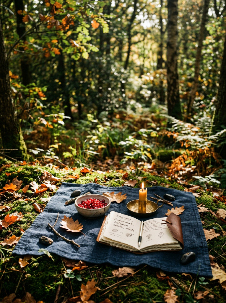 Open journal reading “Equinox Autumnal balance seeds, seeds” beside a candle and berries