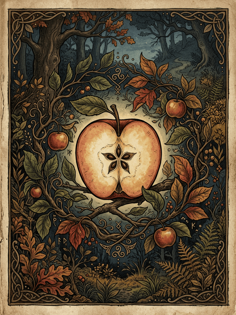 Sliced apple folklore illustration in dusky woodland