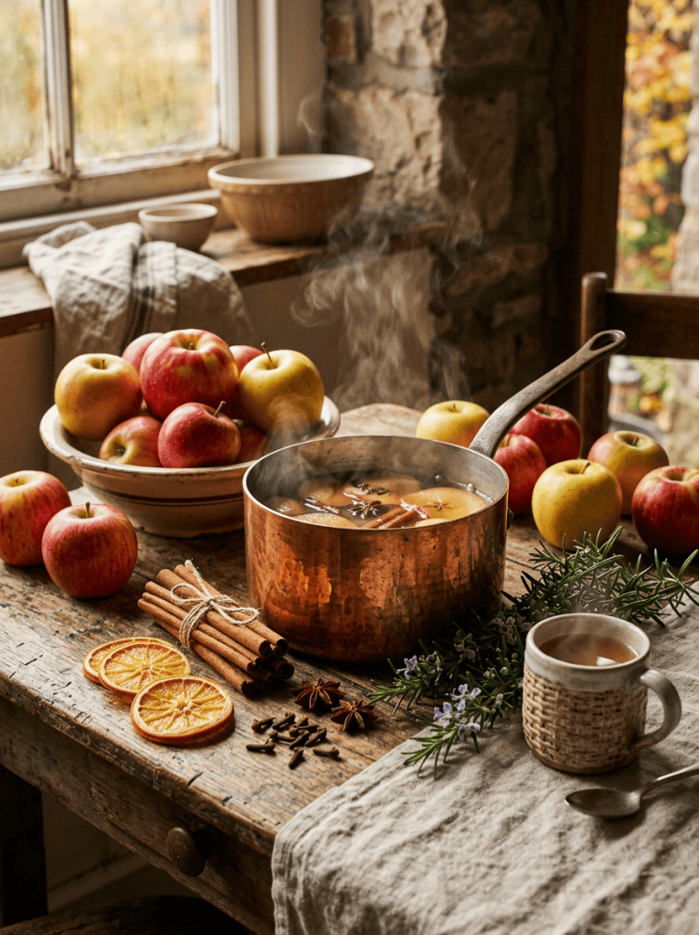 Autumn simmer pot still life with apples and spices