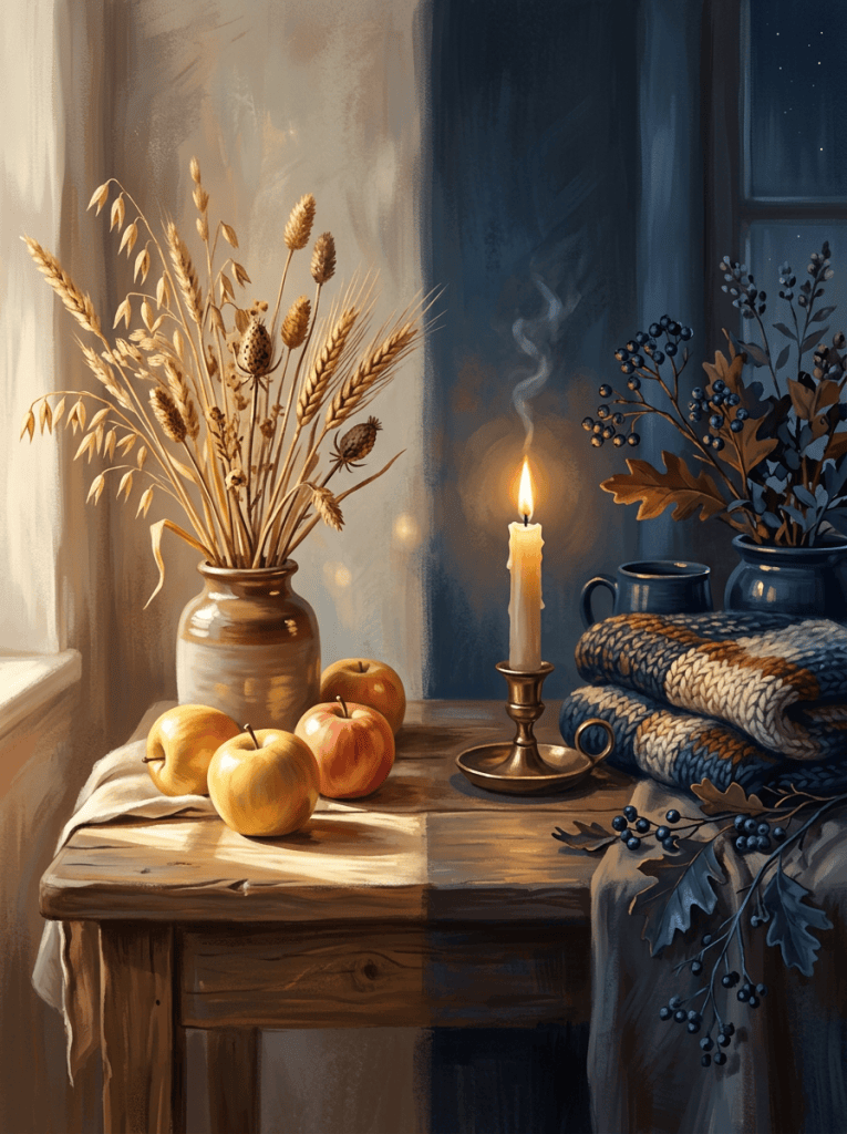 Candlelit autumn still life with apples, dried wheat, blankets, and berries