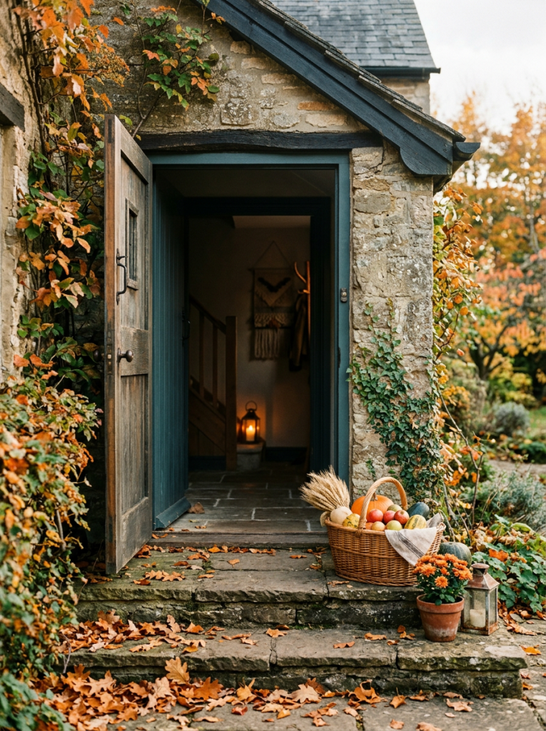 Open stone cottage door with autumn leaves, harvest basket, and lantern