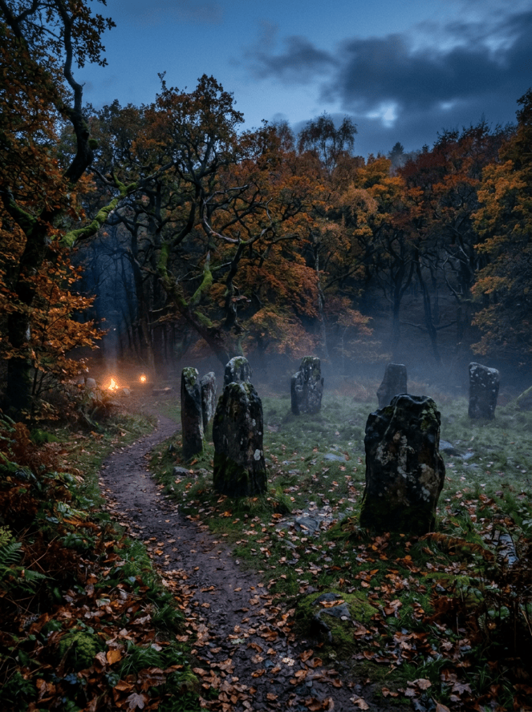 Misty autumn woodland path surrounded by moss-covered standing stones